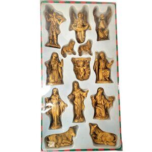 Vintage Resin 13-Piece Gold Tone Nativity Scene Figurines Set In Original Box